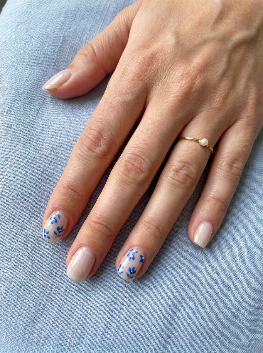 Blaue Blumen Nägel mit kleinen blauen Blüten auf heller Basis